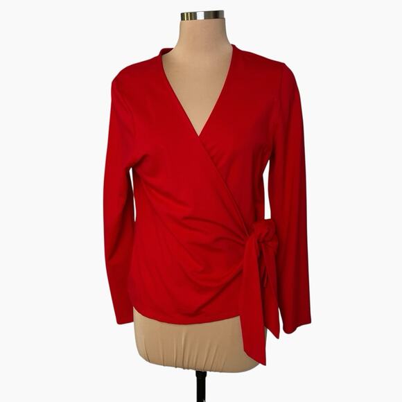 Halogen Wrap Top Blouse Size 1X Plus Red Soft Fluid Fabric V Neck Sleek Style - Picture 1 of 5